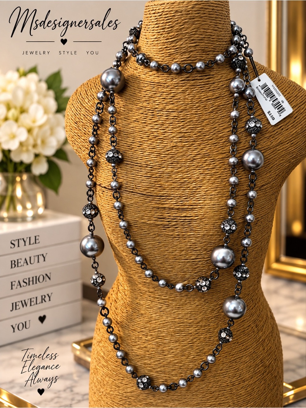 Long Layered Gunmetal Pearl Necklace